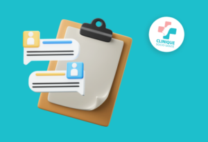 Une feuille est apposée sur un presse-papiers et des bulles de texte en ressorte dans un effet 3d