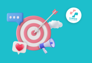 Une cible avec une flèche en son centre qui est entouré d'un nuage, un porte voix, un coeur et une bulle texte