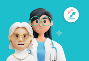 Une personne âgée ce tien au premier plan et une femme médecin a l'arriere