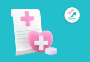 Une feuille de prescription, un coeur rose avec un signe médical et une pilule blanche