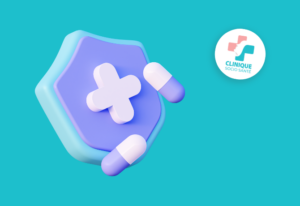 Un insigne médical et des pilules qui tombent