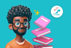 Homme afro-américain avec des lunettes et des livres qui s'amoncèlent - Service de sexologie